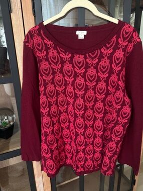 J. Crew embroidered blouse long sleeve top flowers maroon crewneck cotton